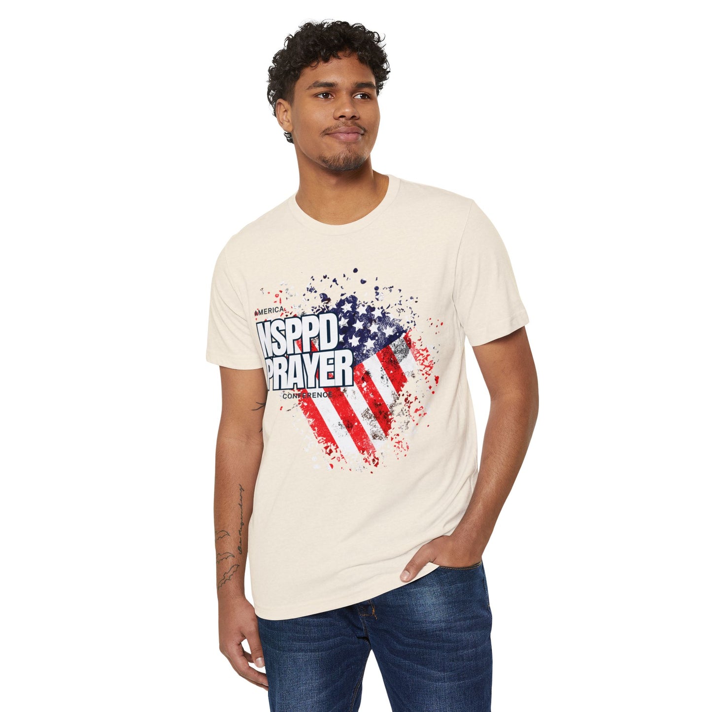 Patriotic Prayer T-Shirt, Unisex Organic Tee, Eco-Friendly Shirt, NSPPD Prayer Apparel, USA Flag Design Wear